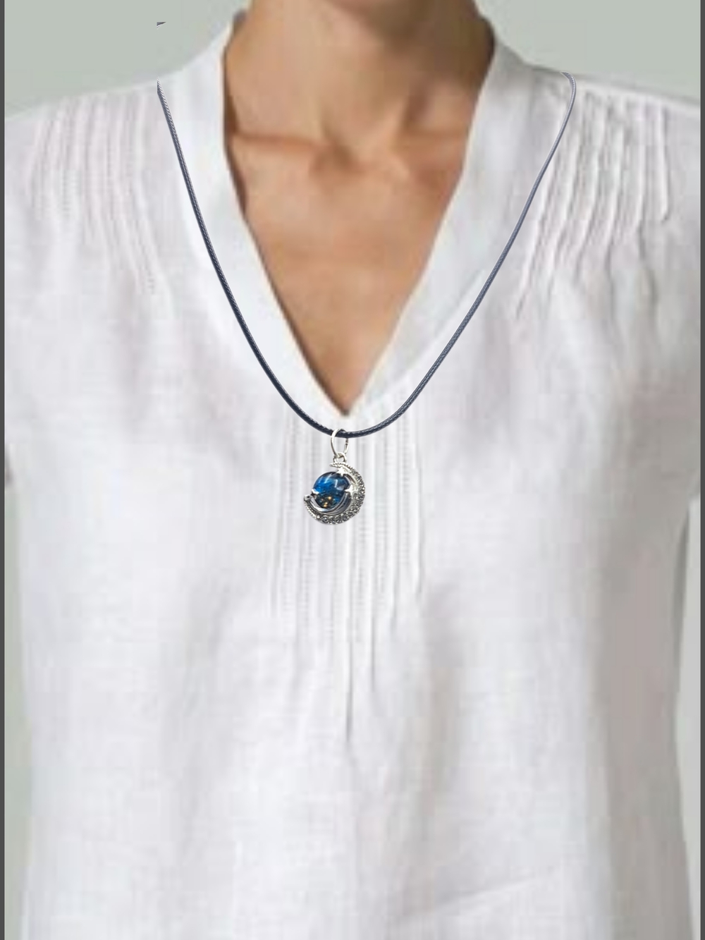 Silver Crescent Moon Pendant w/ Blue Orb & Cord Necklace NWOT